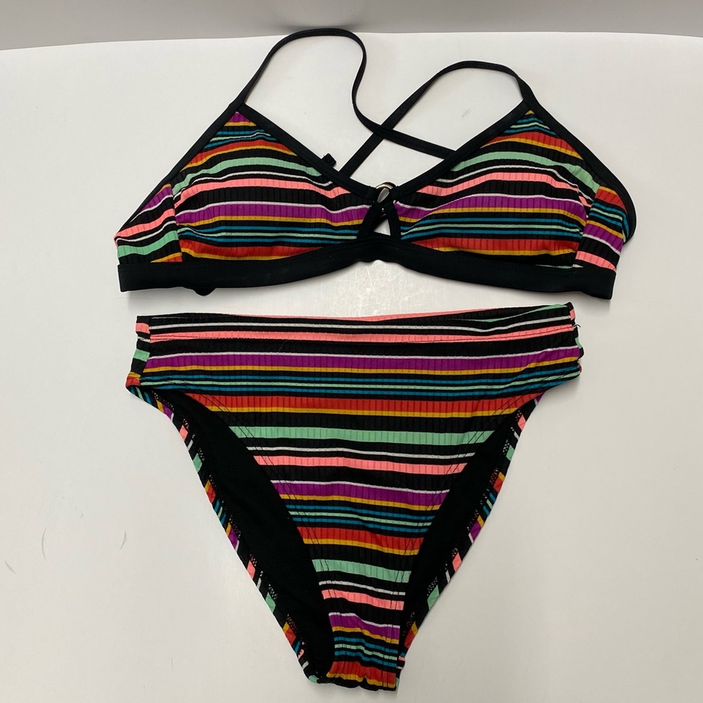 Black Multi Color Striped Ribbed High Waist Bikini Swimsuit Sz S / M